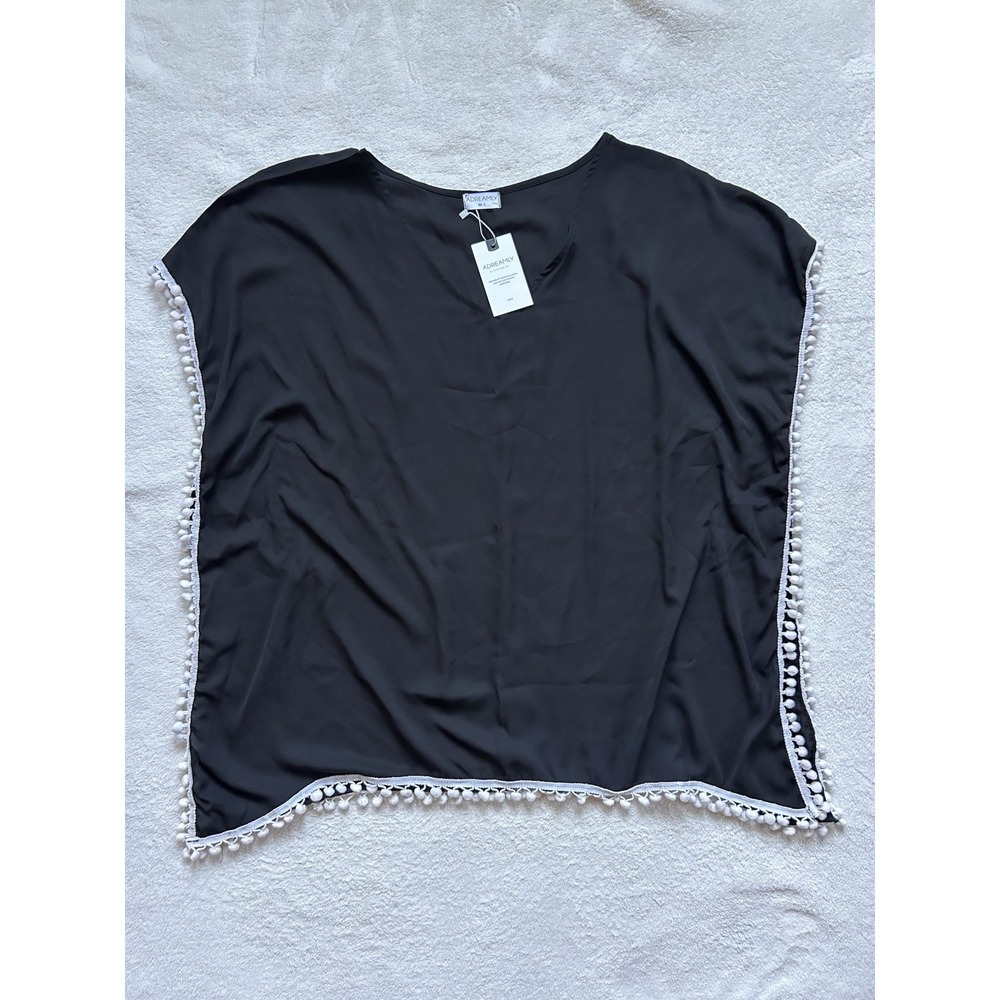 NWT Adreamly Womens One Sz Black Sheer Pom Pom Trim Kaftan Swim Cover Up